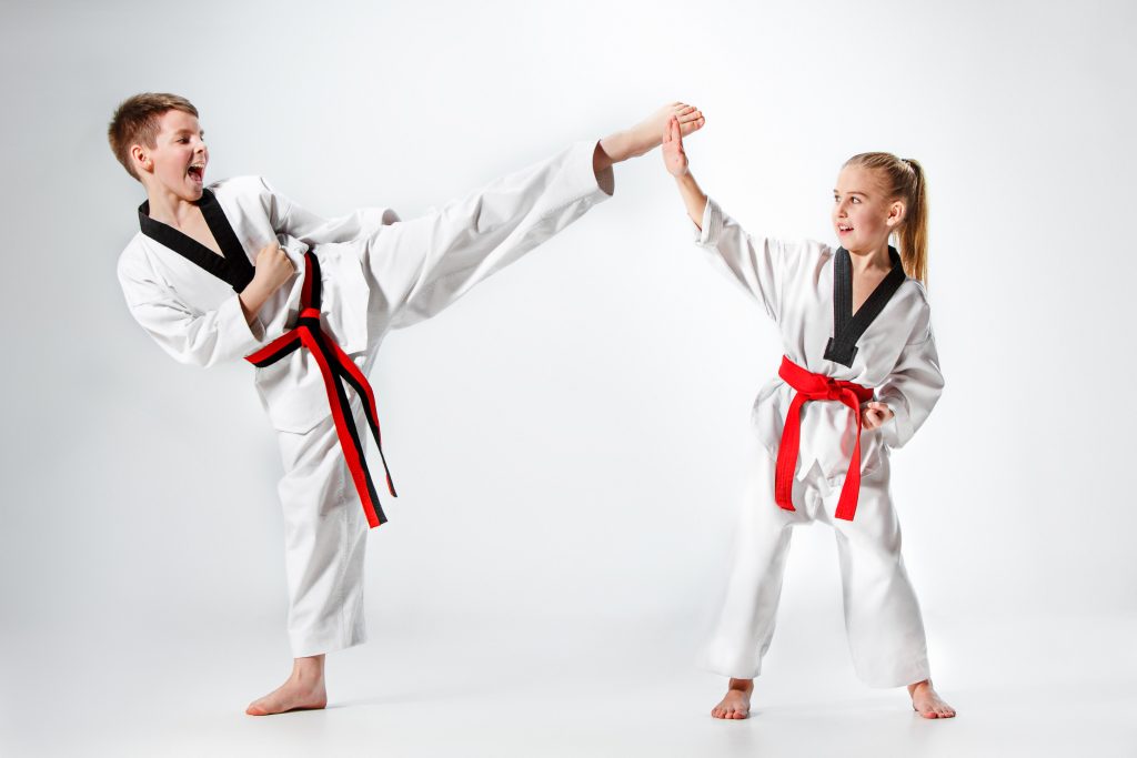 The studio shot of group of kids training karate martial arts